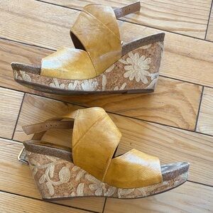 Sofft Yellow Embroidered Floral Wedge Cork Sandals